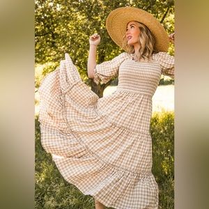 IVY CITY  CO MADELINE DRESS IN TAN GINGHAM
